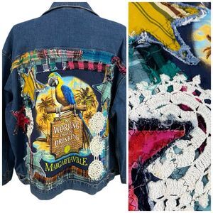 Upcycled Denim Jacket Womens 3X Margaritaville Grunge Patchwork Folk Art Boho